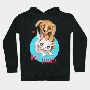 Cute small cat and dog. Sweet little baby pets. Kitten and puppy friends. Hoodie